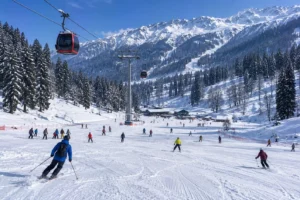 Scenic winter view of the Solang Valley ski slopes and Gondola near Manali