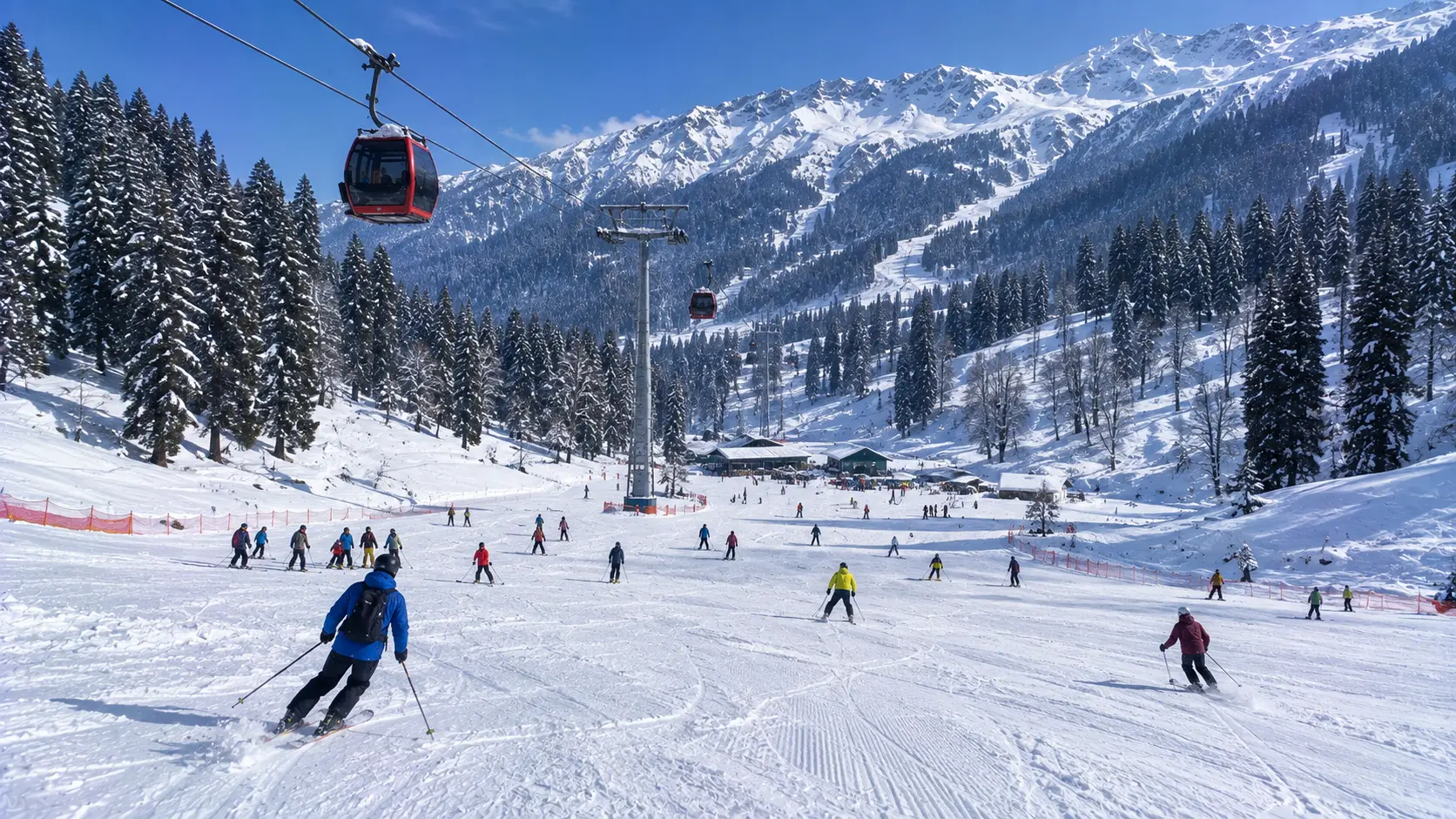 Scenic winter view of the Solang Valley ski slopes and Gondola near Manali